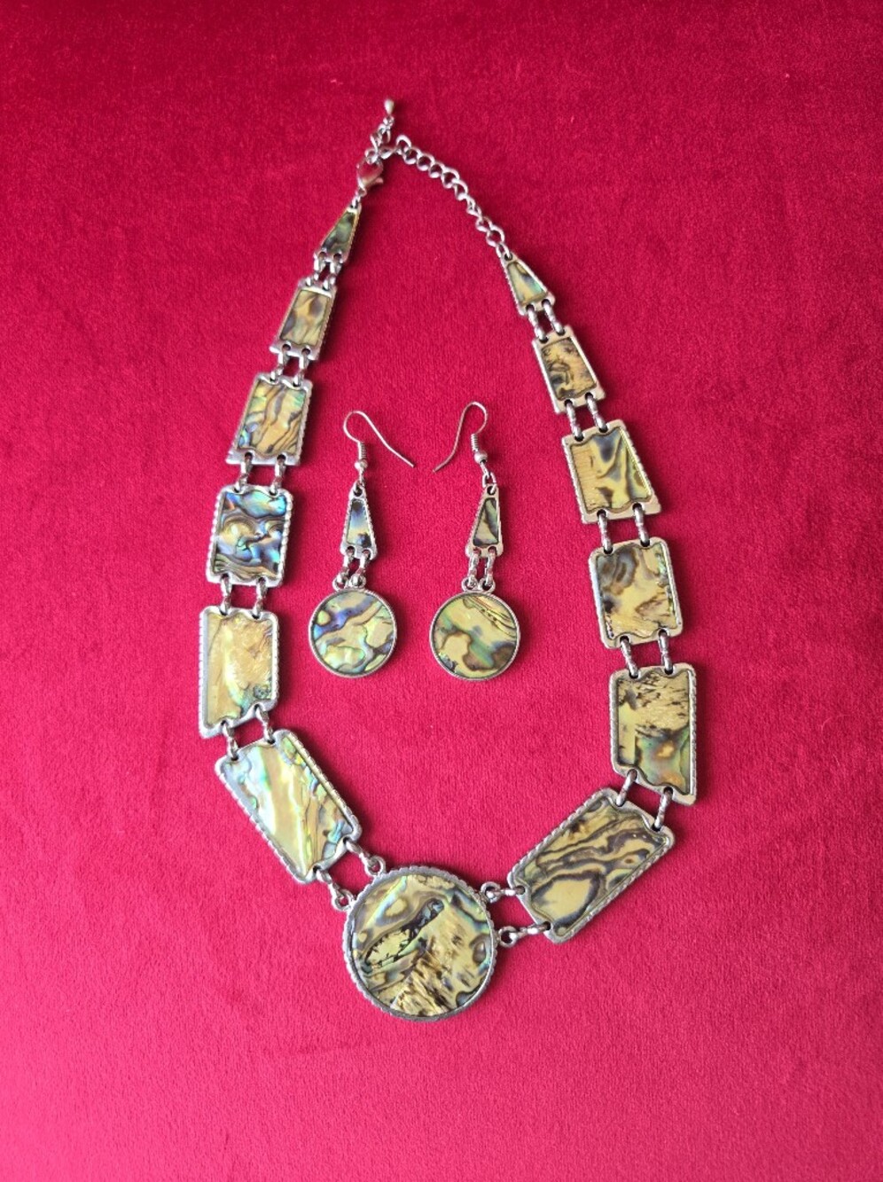 Abalone-Inlay Statement Necklace and Earrings Set - Yellow-Green